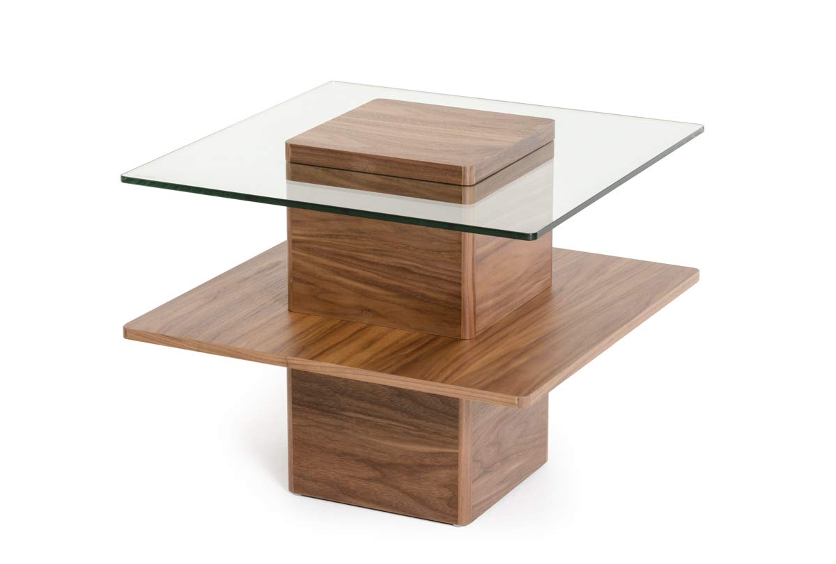 HomeRoots Veneer, Glass 19' Walnut Veneer and Glass End Table