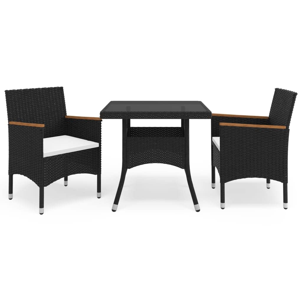 vidaXL Patio Dining Set 3 Piece, Outdoor Dining Set for 2, Table and Chair for Garden, Chair, Scandinavian Style, Black Poly Rattan and Acacia Wood