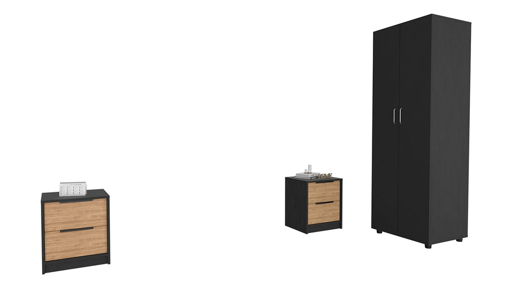 Deering 3 Piece Bedroom Set, Armoire + Nightstand + Nightstand, Black/Pine
