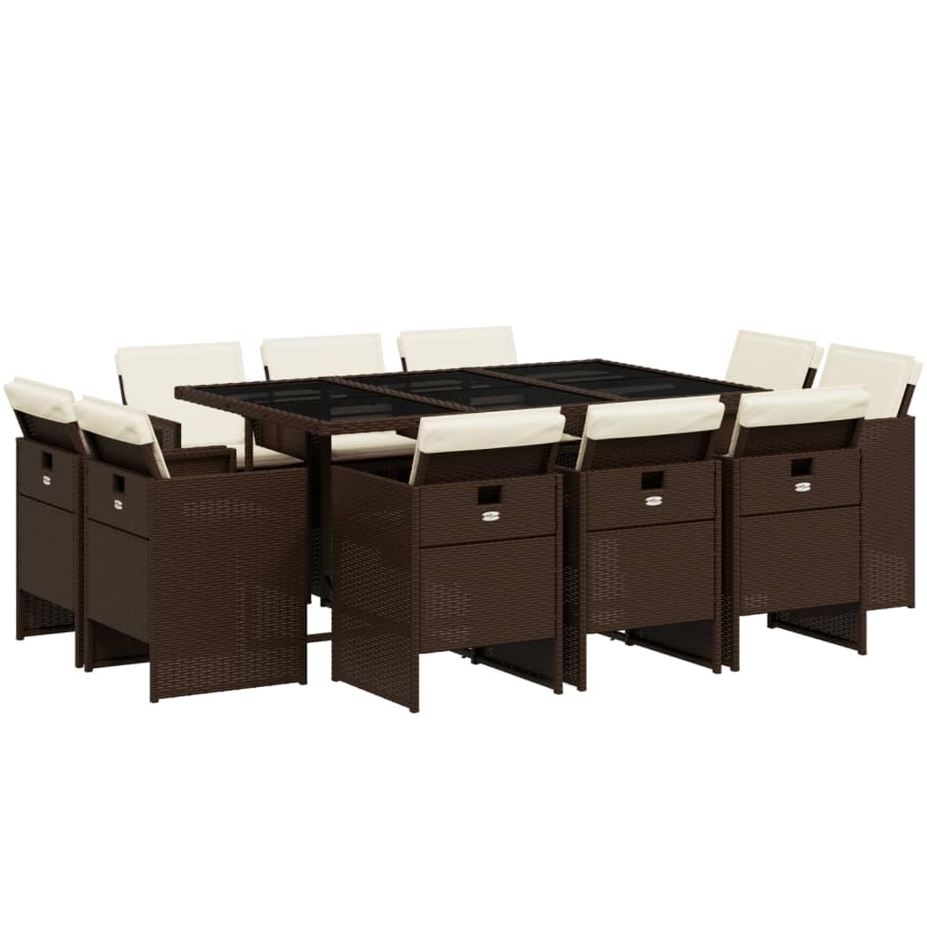 vidaXL 11-Piece Patio Dining Set with Cushions – Brown Poly Rattan Furniture for Outdoor Garden, Backyard, Patio – Foldable Chairs, Glass Tabletop, UV-Resistant
