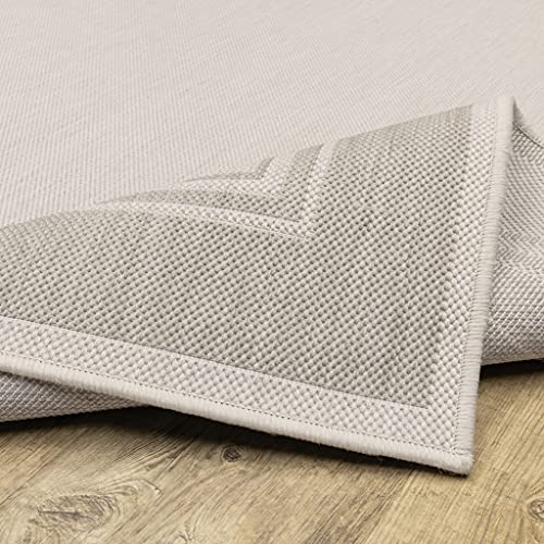 HomeRoots Polypropylene 7’x9’ Ivory and Gray Bordered Indoor Outdoor Area Rug