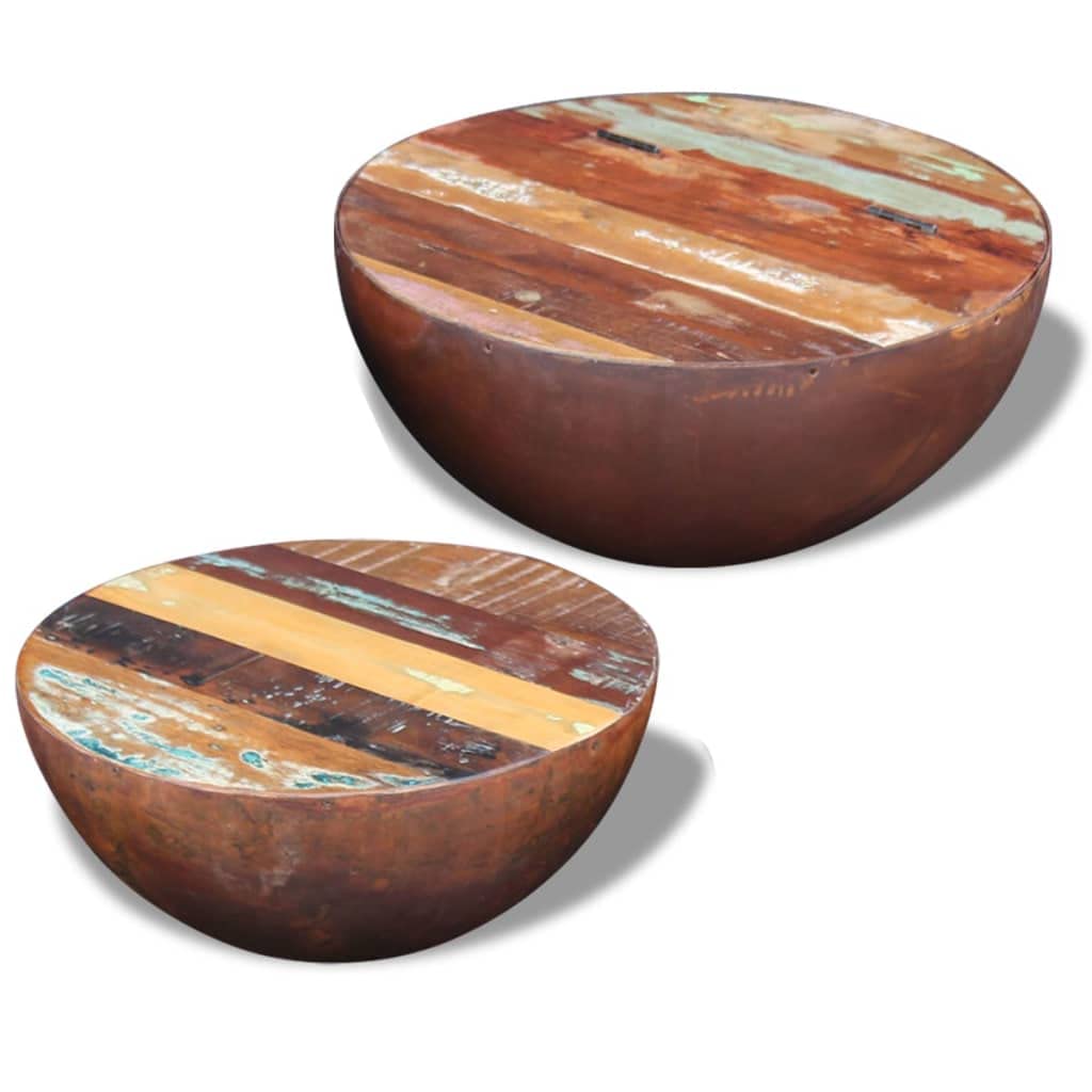 vidaXL Two-Piece Square Coffee Table Set - Bowl Shaped with Solid Reclaimed Wood Top and Stable Steel Frame, Multicolor Brown