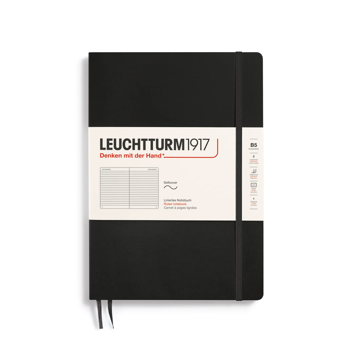 Leuchtturm1917 - Notebook Softcover Composition B5-123 Numbered Pages For Writing And Journaling (Ruled, Black)
