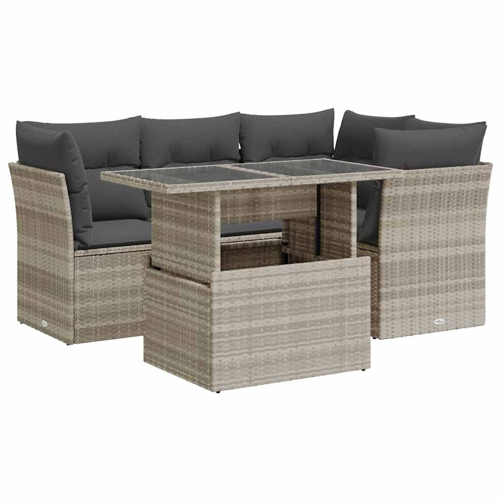 vidaXL 5 Piece Patio Sofa Set with Cushions Light Gray Poly Rattan
