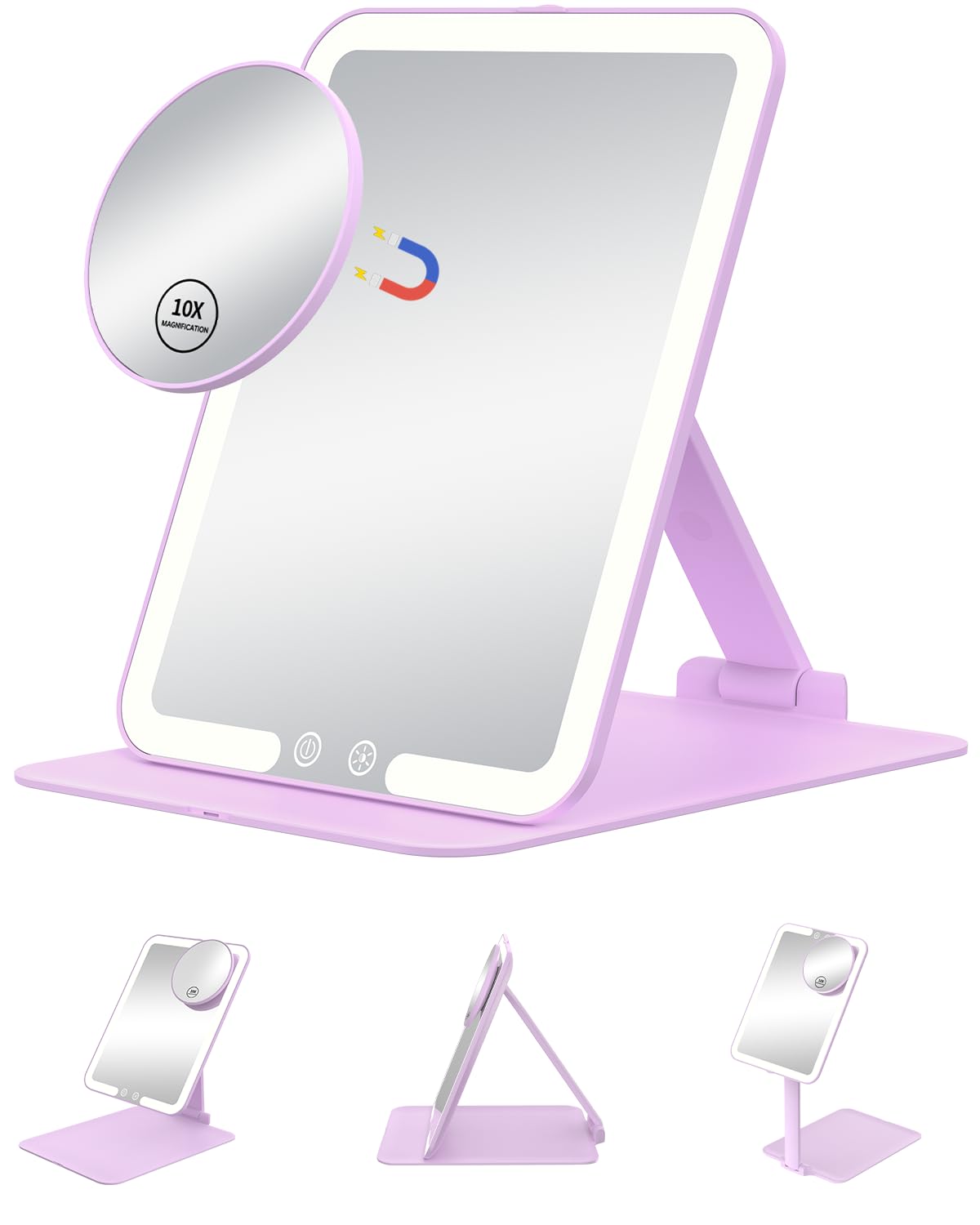 Gospire Travel Makeup Mirror with Lights and Magnification 10X, Portable Make Up Compact Tabletop Mirror with Adjustable Stand, 