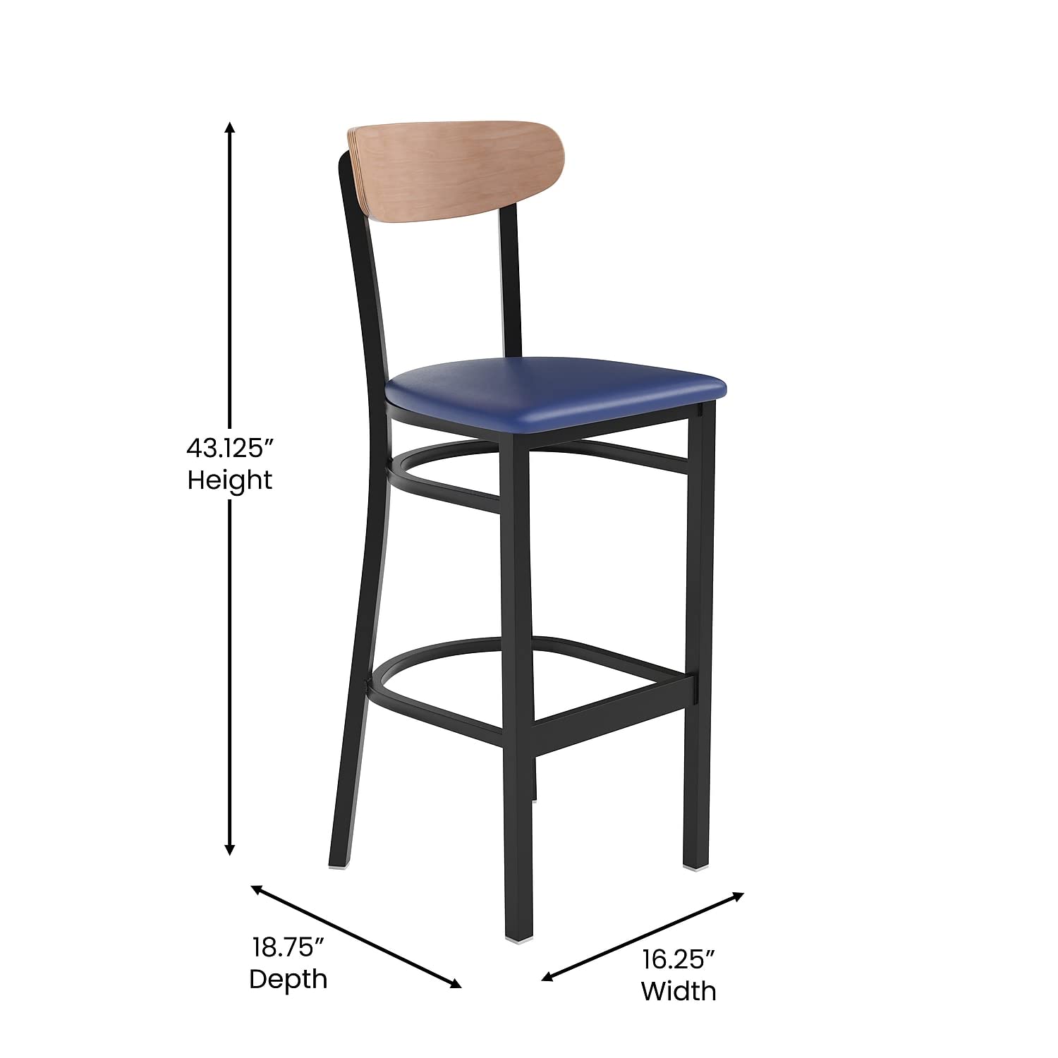 Flash Furniture Wright Commercial Barstool - Natural Birch Finish Wood Boomerang Back - Blue Vinyl Seat - 500 Lb. Capacity Black Steel Frame - Integrated Footrest