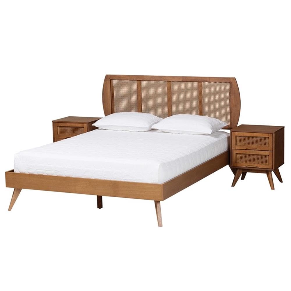 Baxton Studio Asami Mid-Century Modern Walnut Brown Finished Wood And Woven Rattan Full Size 3-Piece Bedroom Set