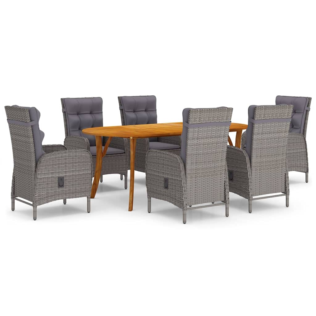 vidaXL 7 Piece Patio Dining Set in Gray - Solid Acacia Wood Table, Steel Frame Poly Rattan Chairs with Thickly-Padded Cushions