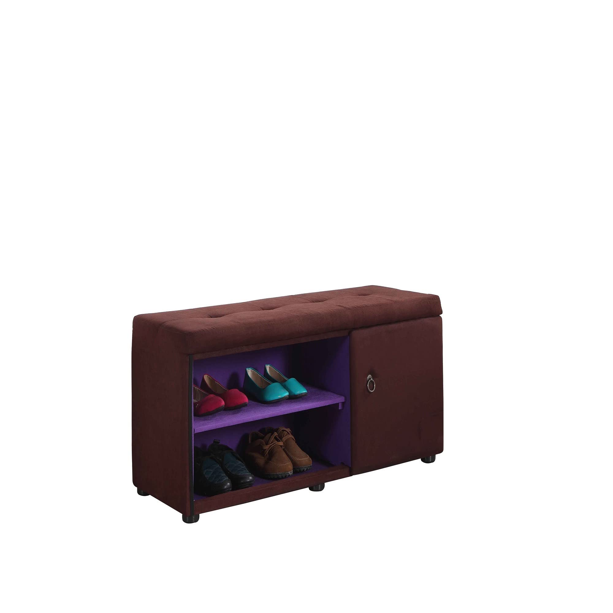 HomeRoots Wood, Polyurethane Foam: 97%, Polyester Fabric: 3% Brown and Purple Tufted Shoe Storage Bench