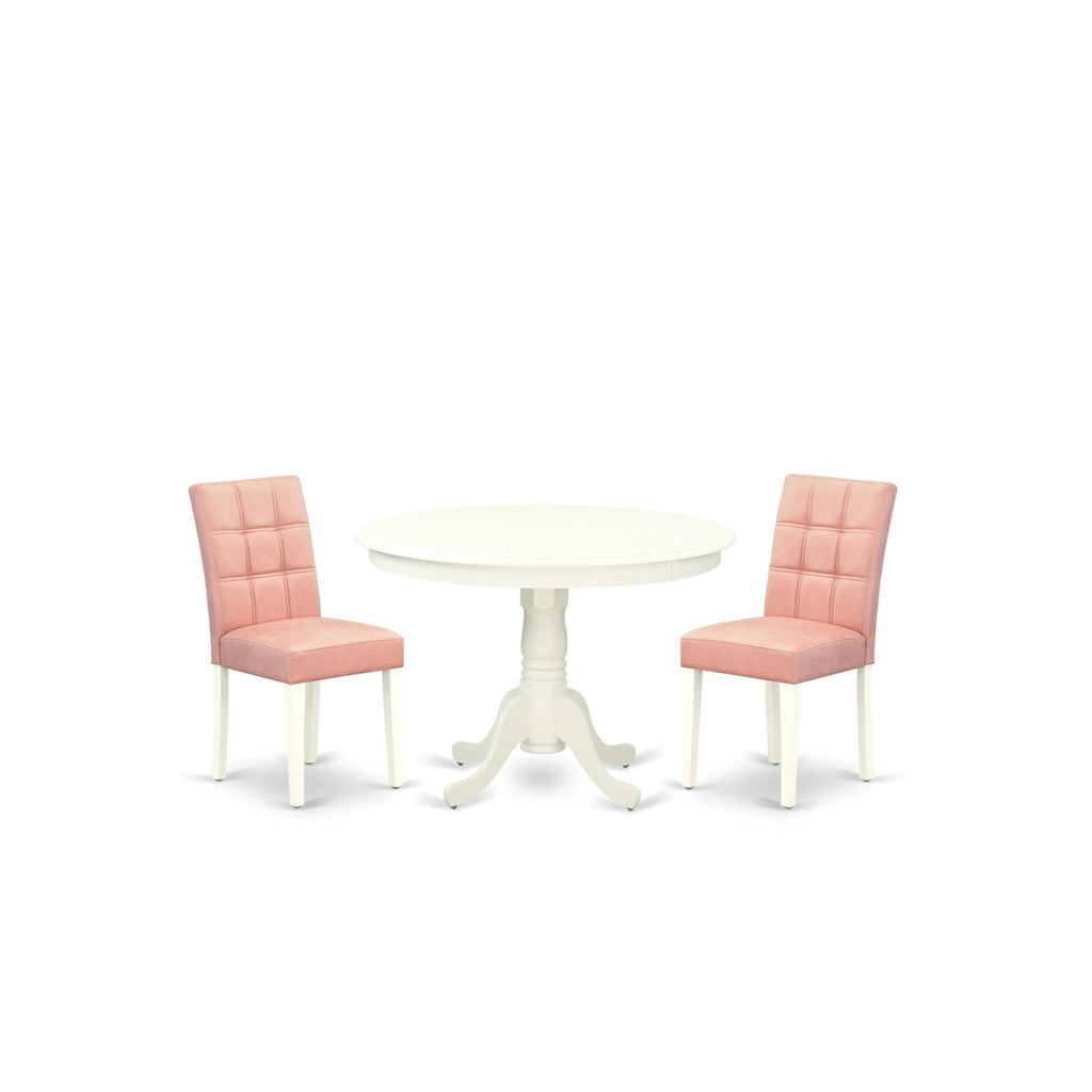 East West Furniture Hlas3-Lwh-42 3 Piece Dinner Table Set Includes A Wood Table And 2 Beige Red Faux Leather Dining Chairs With Stylish Back- Linen White Finish