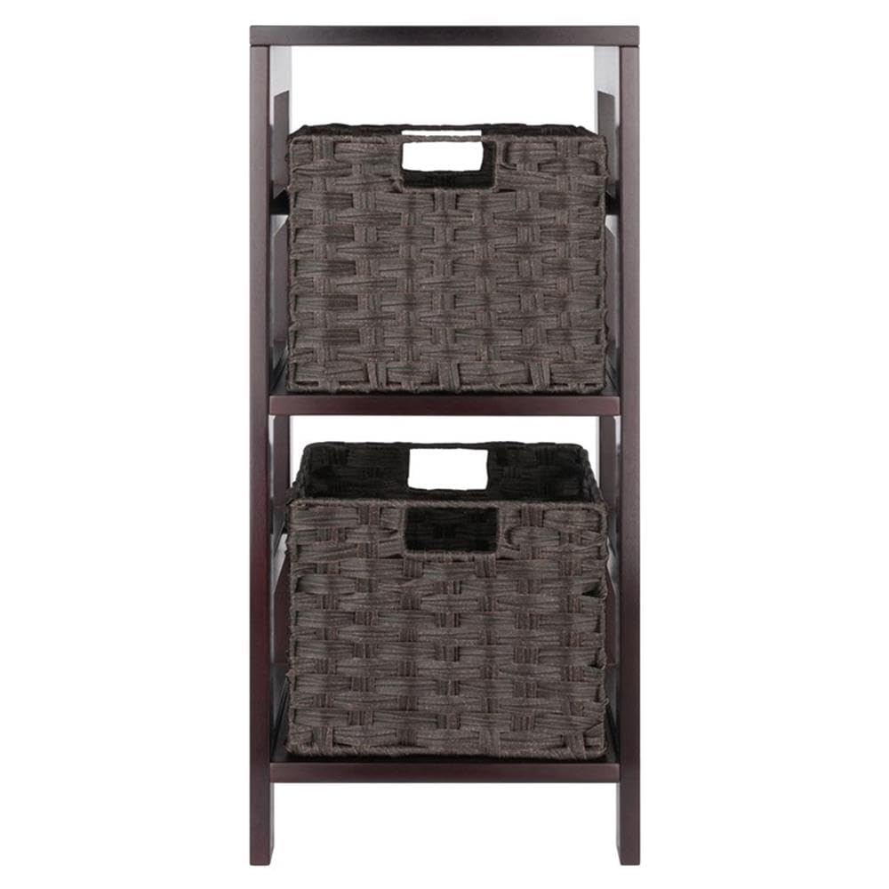 Winsome Leo 2-Tier Storage Shelf with 2 Foldable Woven Baskets, for Living Room, Home Office, Bedroom, Espresso