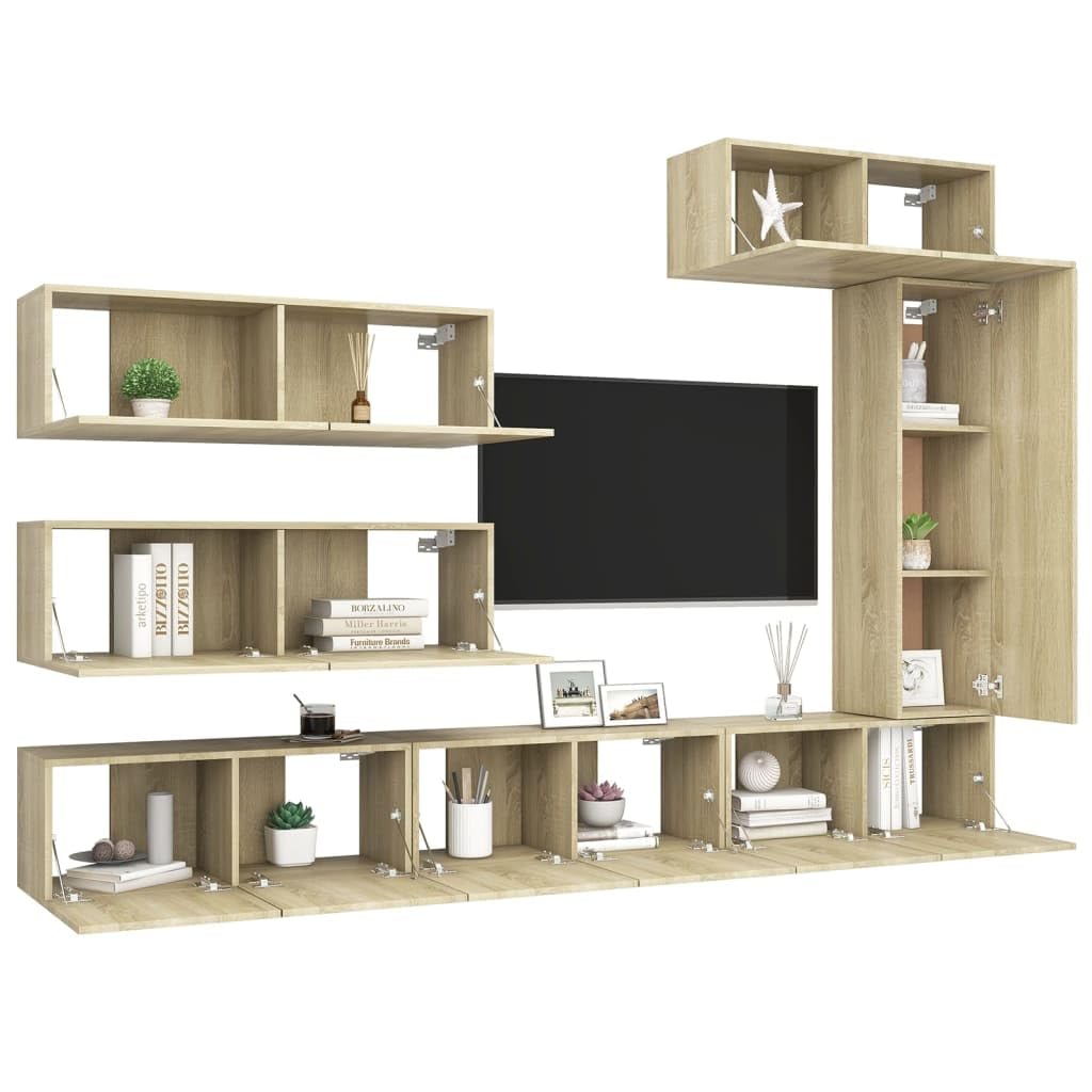 vidaXL TV Cabinet Set 7 Piece Living Room Bedroom Furniture HiFi Stereo Cabinet TV Stand Media Unit Entertainment Center Engineered Wood Sonoma Oak