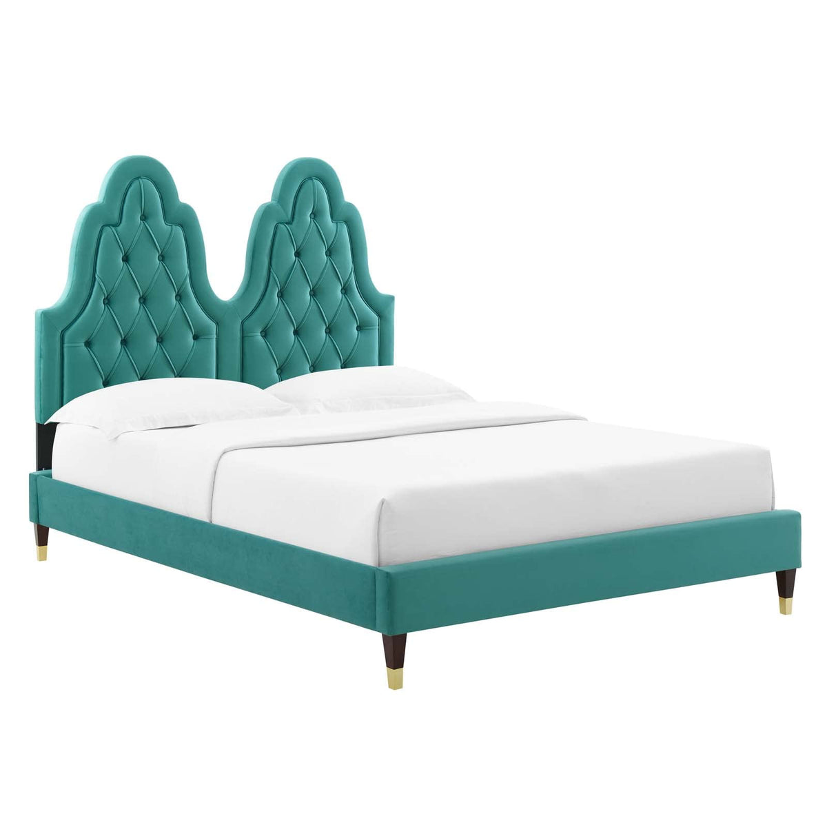 Modway Alexandria Tufted Performance Velvet Queen Platform Bed in Teal with Wood and Gold Legs