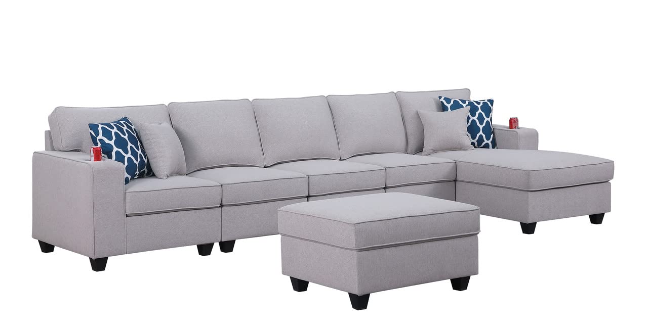 Lilola Home Cooper Light Gray Linen 6Pc Sectional Sofa Chaise with Ottoman and Cupholder
