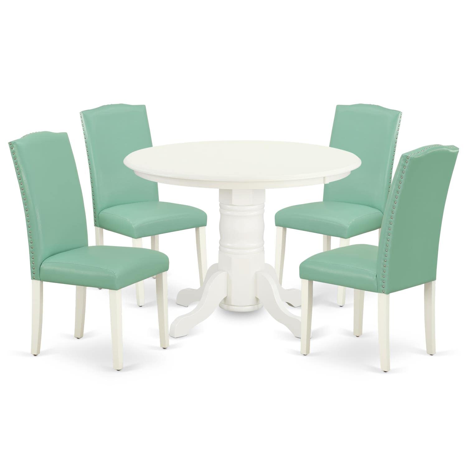 East West Furniture Shen5-Lwh-57 5 Piece Dining Set Includes A Round Dining Room Table With Pedestal And 4 Pond Faux Leather Upholstered Parson Chairs, 42X42 Inch, Linen White