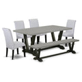 East West Furniture V697BA105-6 6 Pc Dining Table Set Contains a Cement Mid Century Dining Table and a Modern Bench, 4 Grey Linen Fabric Parson Chairs with High Back - Wire Brushed Black Finish