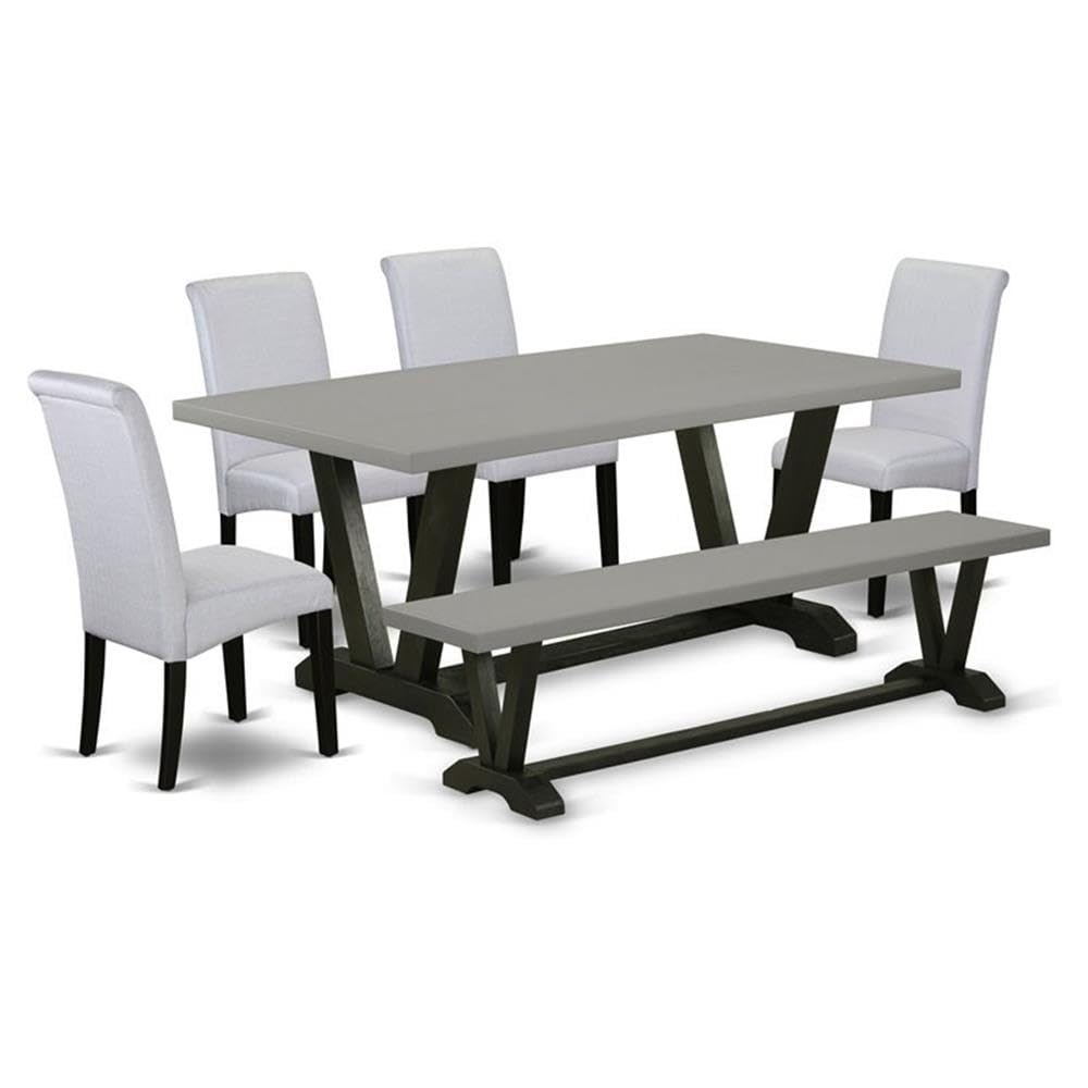 East West Furniture V697BA105-6 6 Pc Dining Table Set Contains a Cement Mid Century Dining Table and a Modern Bench, 4 Grey Linen Fabric Parson Chairs with High Back - Wire Brushed Black Finish