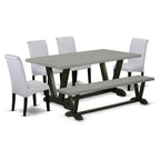 East West Furniture V697BA105-6 6 Pc Dining Table Set Contains a Cement Mid Century Dining Table and a Modern Bench, 4 Grey Linen Fabric Parson Chairs with High Back - Wire Brushed Black Finish