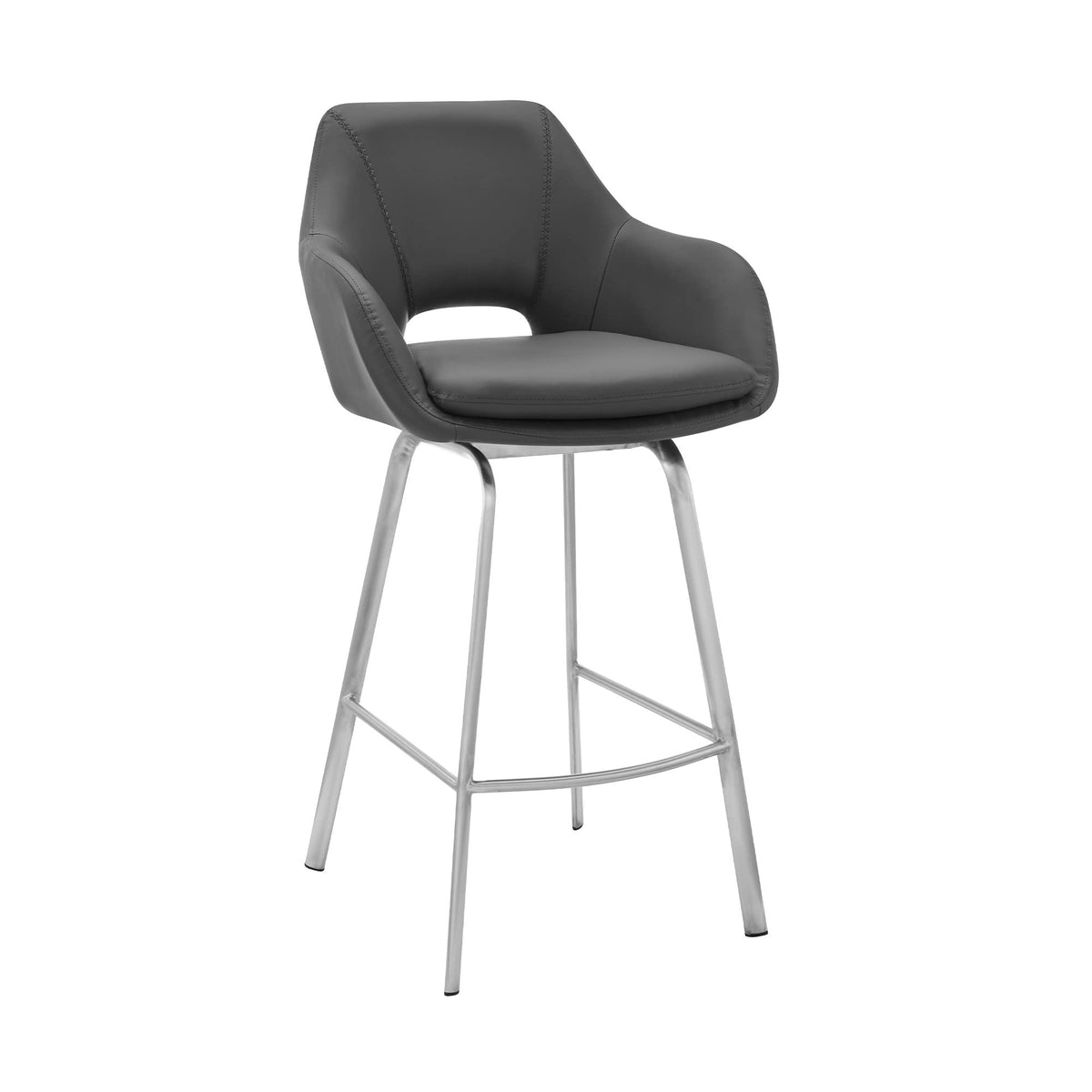 HomeRoots Steel, Faux Leather 26' Gray on Stainless Faux Leather Comfy Swivel Counter Stool