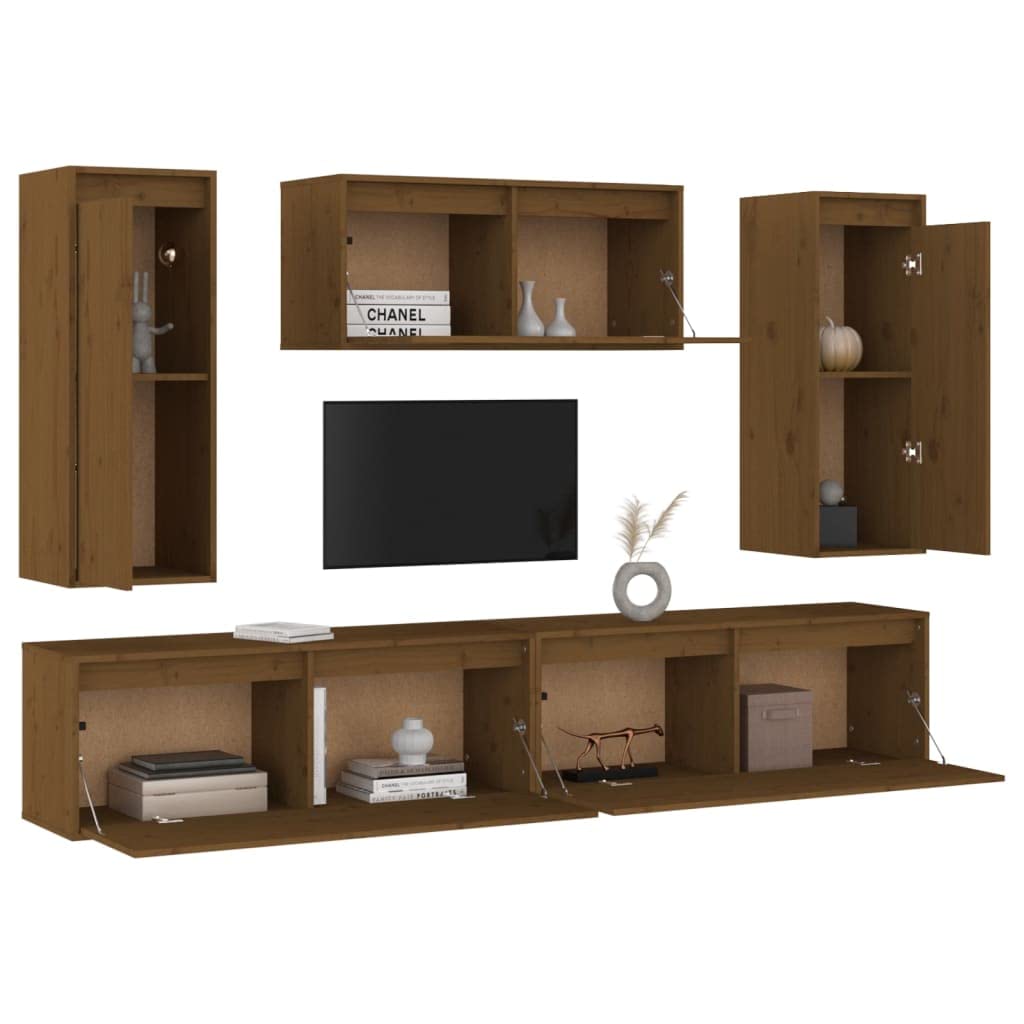 vidaXL TV Stands - Set of 5, Solid Pinewood, Honey Brown Finish, Classic Design, Space Utilizing, Easy to Clean, Perfect for Books, & Collectables.