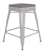 Flash Furniture Kai Commercial Grade Indoor-Outdoor Counter Height Stool - White Metal Frame - Gray Poly Resin Seat - 24" High - Backless