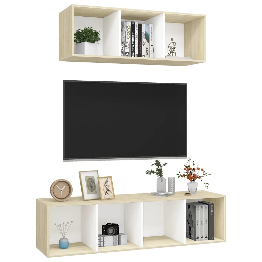 vidaXL 2-Piece Wall TV Cabinet Set | White and Sonoma Oak Engineered Wood | Ample Storage Space | Easy to Clean | California Prop 65 Warning