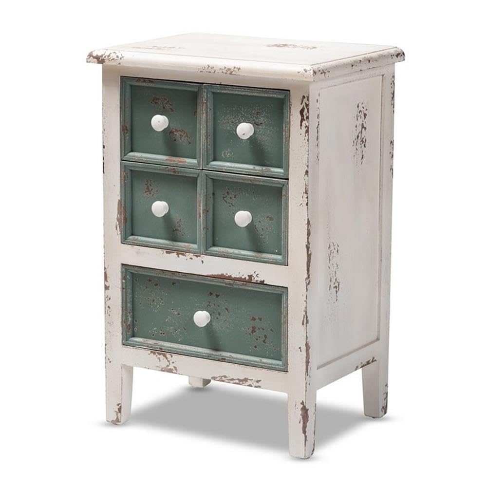 Baxton Studio Angeline Antique French Country Cottage Distressed White and Teal Finished Wood 5-Drawer Accent Chest