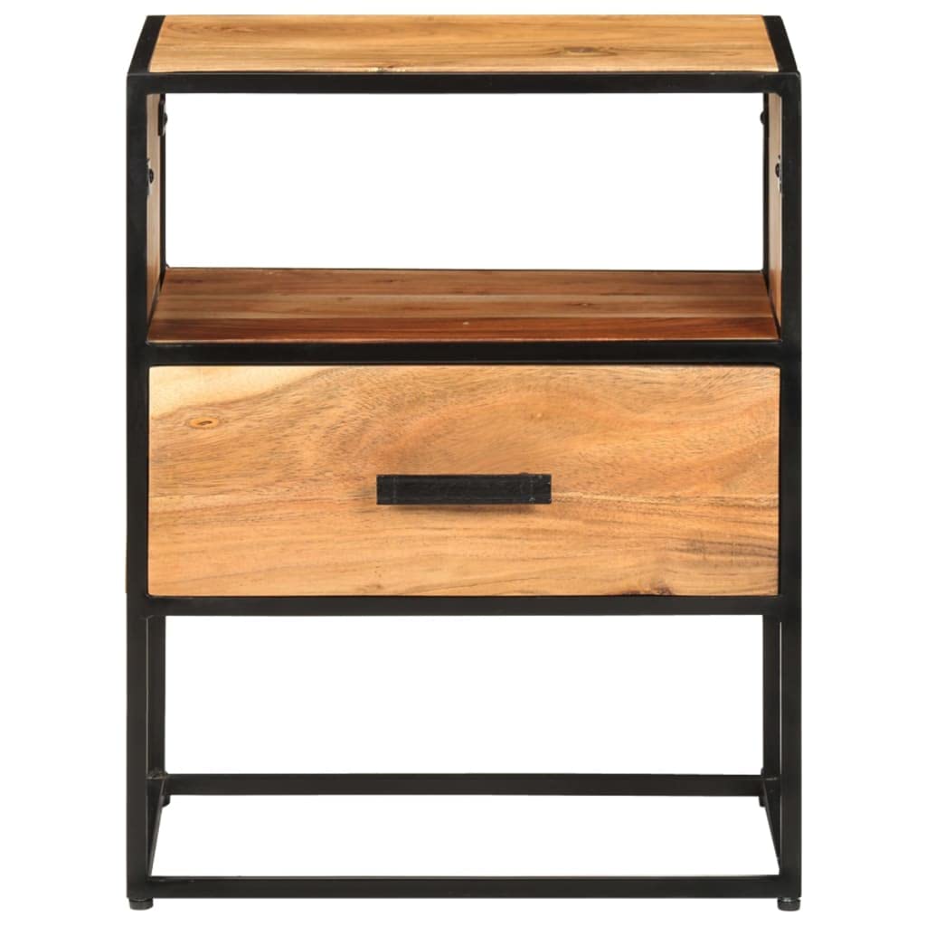 vidaXL Wooden Bed Cabinet with 1 Drawer and Compartment - Versatile Bedside Cabinet in Solid Acacia Wood, Black Iron Legs - Industrial Style Nightstand/Storage Unit