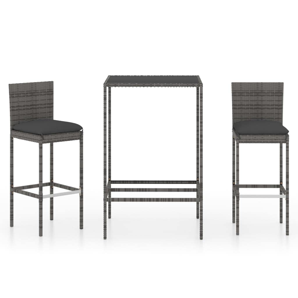 vidaXL Patio Bar Set 3 Piece, Bar Stool for Outdoor Garden Backyard, Bistro Set with Cushions, Bar Table, Farmhouse Modern Style, Poly Rattan Gray