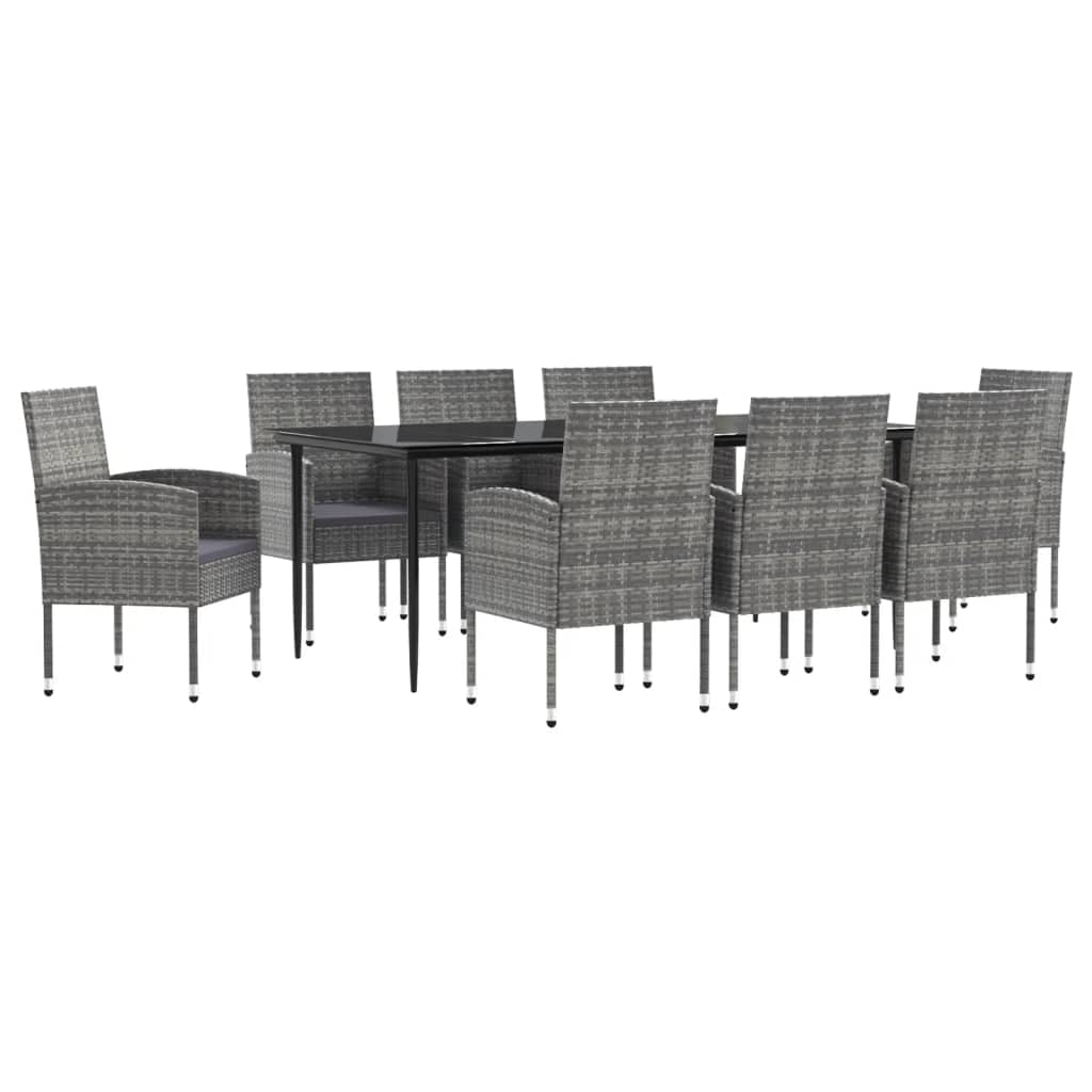 vidaXL Modern Patio Dining Set - Gray and Black Poly Rattan and Steel Construction - Includes 8 Chairs and Glass-Top Table. Perfect for Outdoor, Garden, Deck, Patio Use