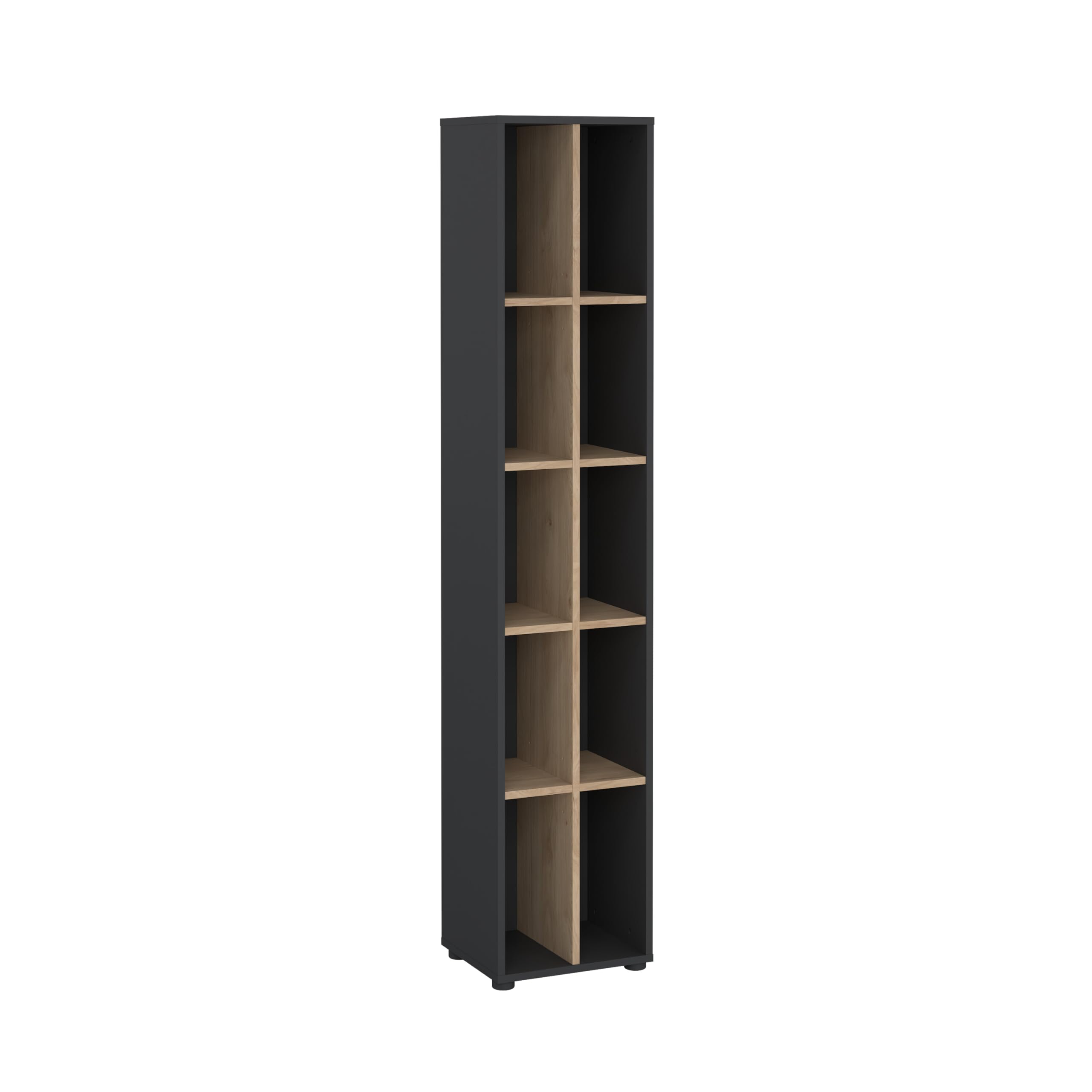Sign Narrow 10 Shelf Bookcase/ bookcase with divider, Matte Grey/Jackson Hickory
