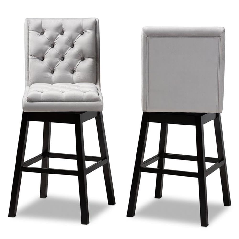 Baxton Studio Gregory Modern Transitional Light Grey Velvet Fabric Upholstered and Dark Brown Finished Wood 2-Piece Swivel Bar Stool Set
