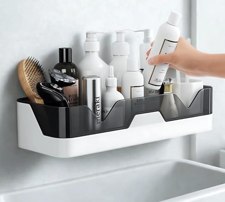WallMounted Bathroom Shelf Organiser, No Drill, Plastic, White And Black, For Shampoo And Toiletries