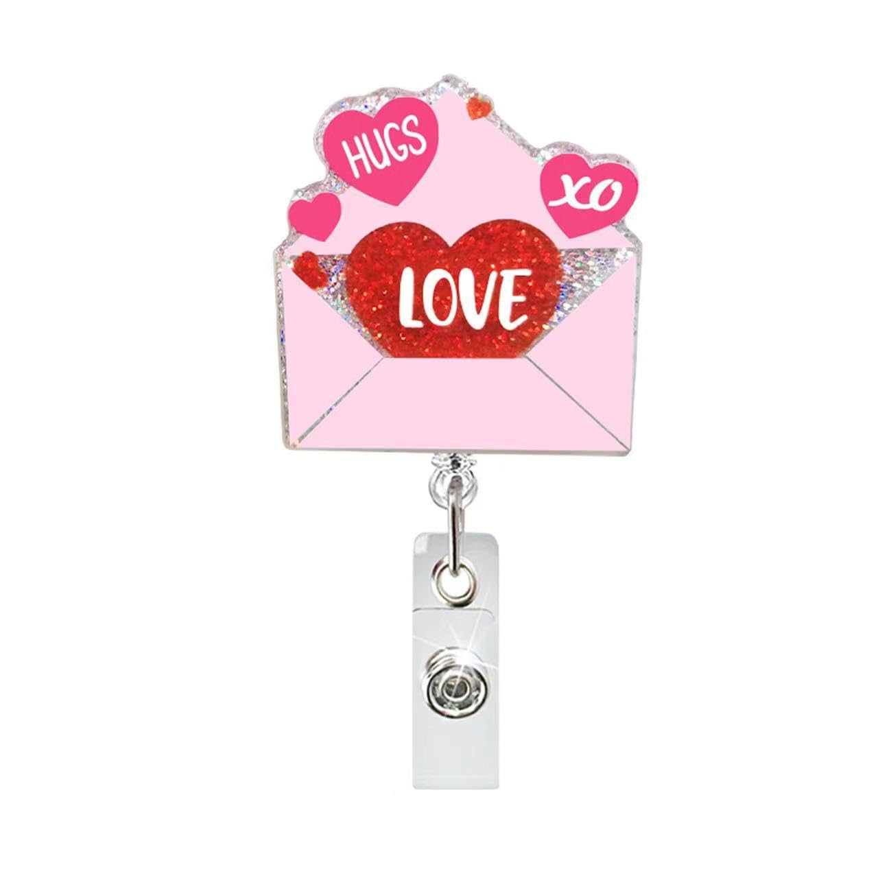 Valentine Day Badge Reel Love Envelope Retractable Alligator Badge Clip Acrylic Glitter Pink Name Tag Badge Reels Valentine Day