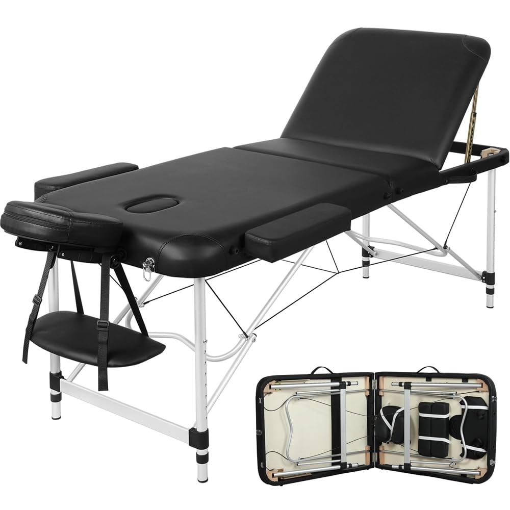 Yaheetech Massage Tables Portable Tattoo Table Adjustable Lash Bed Aluminium 3 Folding Spa Bed with Non-Woven Bag 28 inch Wide B