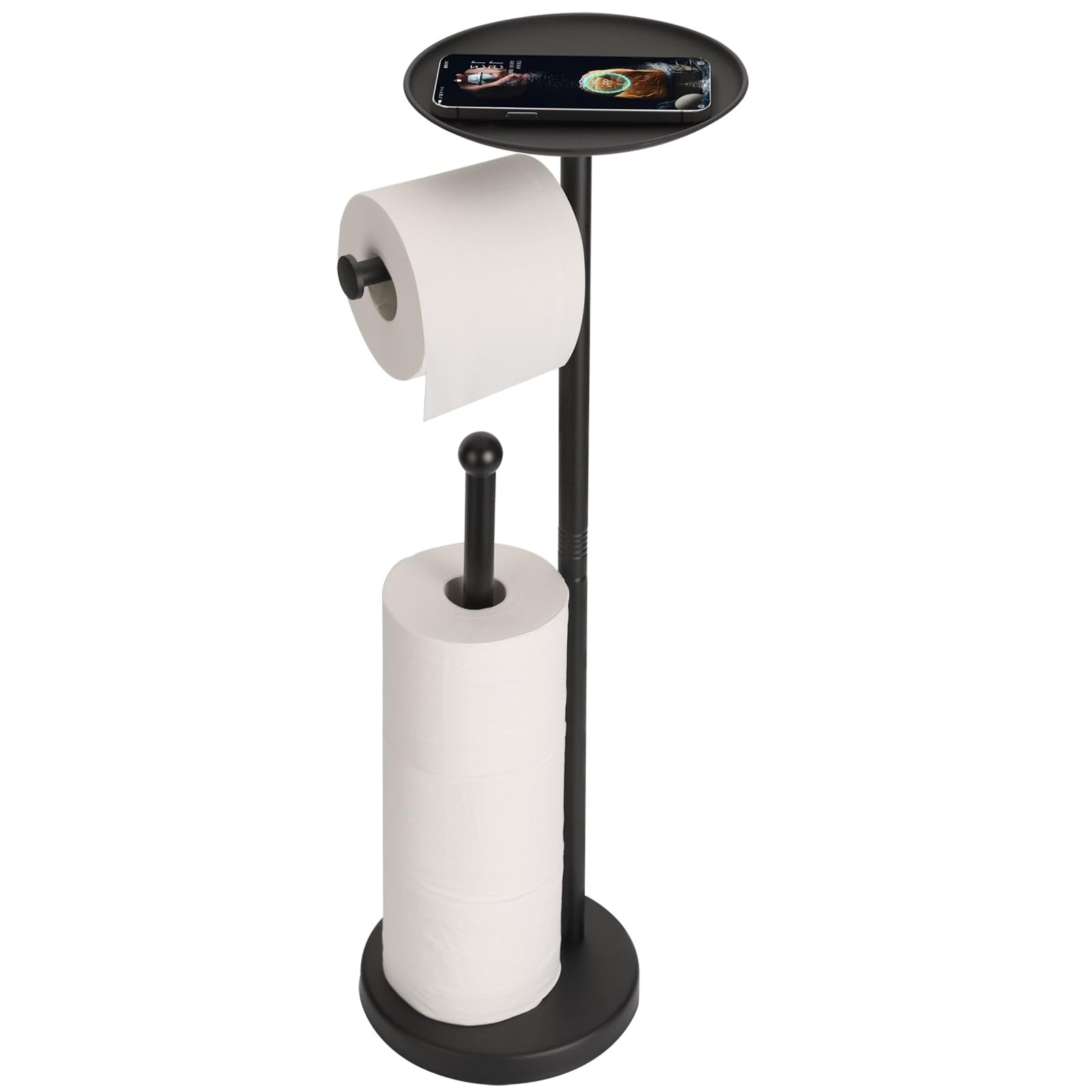 Noonext Black Toilet Paper Holder with Shelf, Freestanding Toilet Paper Holder Stand with Tray at The Top, Heavy Base No Tipping