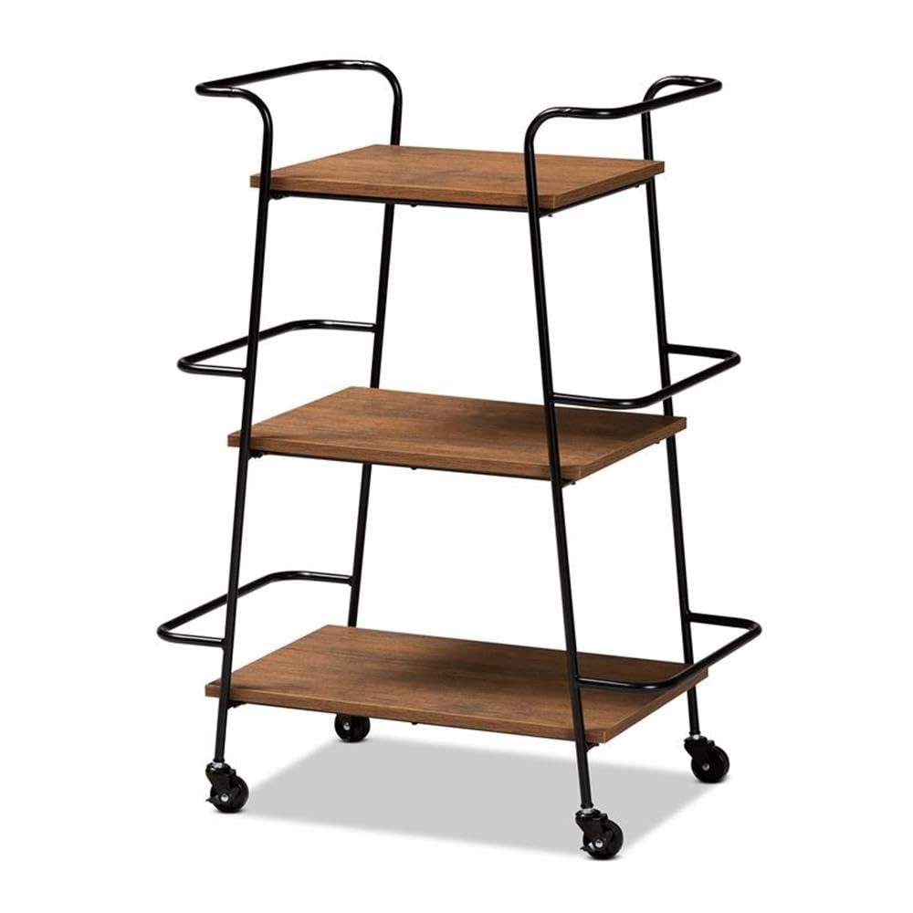 Baxton Studio Bernard Rustic Industrial Black Metal and Walnut Finished Wood 3-Tier Small Mobile Wine Bar Cart