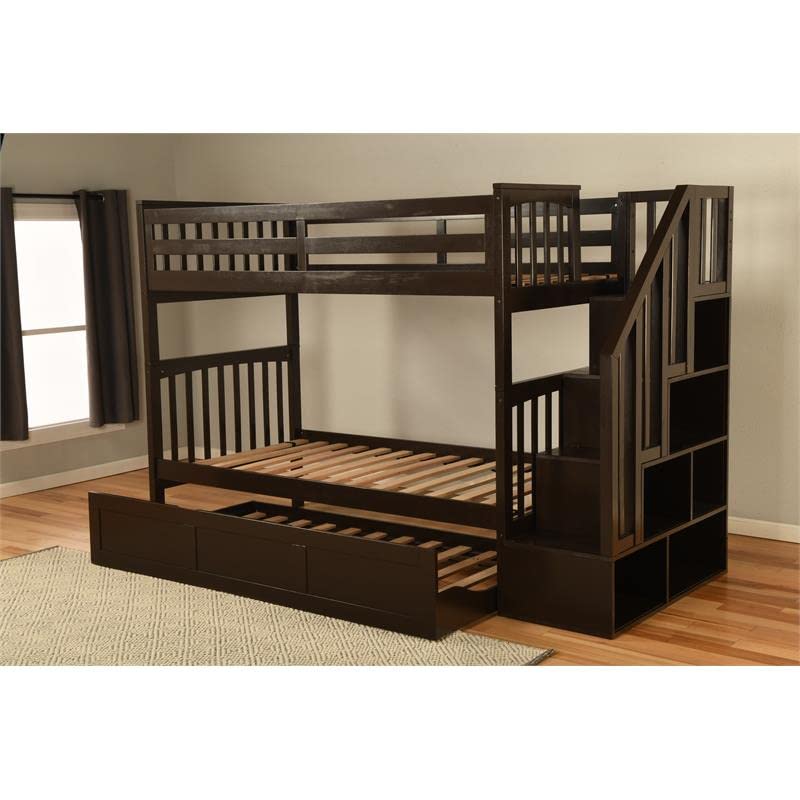 Kodiak Furniture Kelcie Twin/Twin Wood Bunk Bed with Storage and Trundle in Dark Chocolate Brown