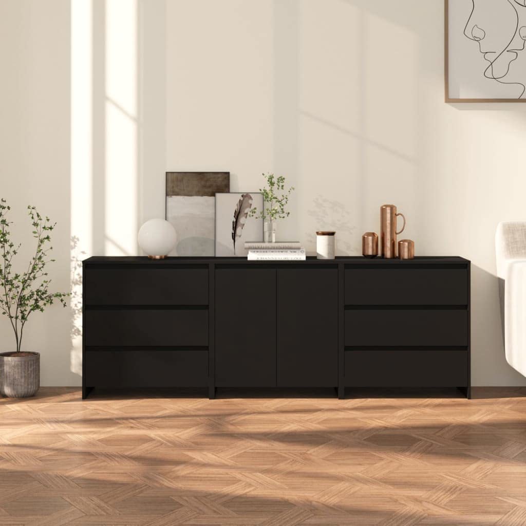 Vidaxl Sideboard 3 Piece Home Indoor Living Room Bedroom Storage Buffet Side Console Cabinet Highboard Furniture Black Engineered Wood