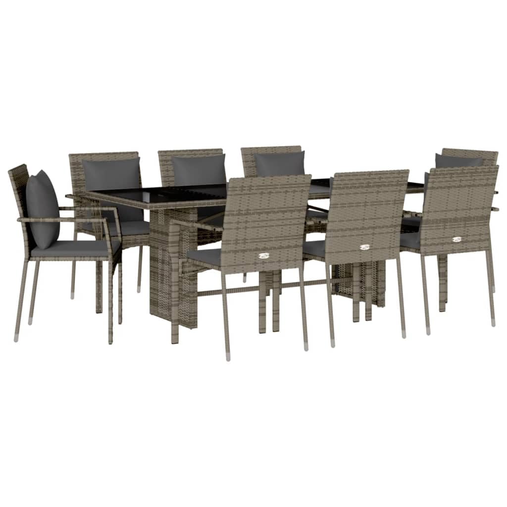 vidaXL 9 Piece Patio Dining Set - Gray PE Rattan, Tempered Glass Tabletop, Dark Gray Cushions, Outdoor Garden Furniture for Backyard, Patio, and Deck - Assembly Required