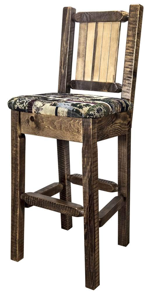 Montana Woodworks Homestead Collection Counter Height Barstool with Upholstered Seat, Woodland Pattern, Laser Engraved Moose Design, Stained & Lacquered