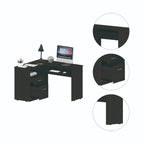 Idra L-Shaped Desk with Keyboard Tray, 2 Drawers, and Open Shelf, Black Wenge