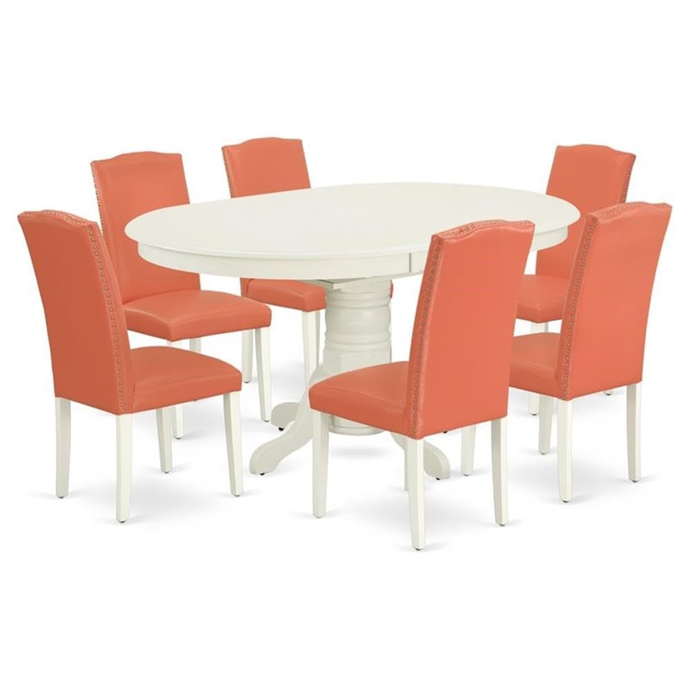 East West Furniture Aven7-Lwh-78 7 Piece Dinette Set Consist Of An Oval Dining Room Table With Butterfly Leaf And 6 Pink Flamingo Faux Leather Upholstered Chairs, 42X60 Inch, Linen White