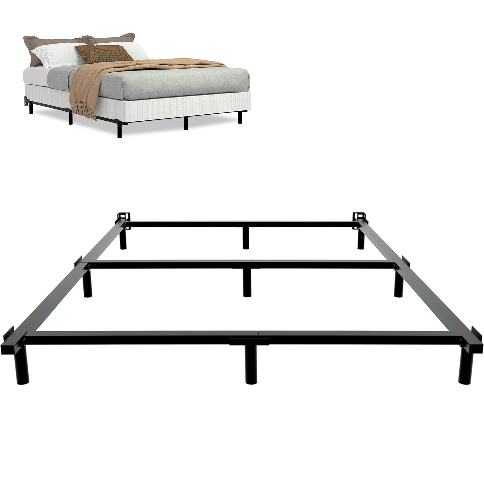 7 Inch King Size Metal Bed Frame for Box Spring and Mattress 9-Leg Base Heavy Duty Bed Frame Tool-Free Easy Assembly Box Spring 