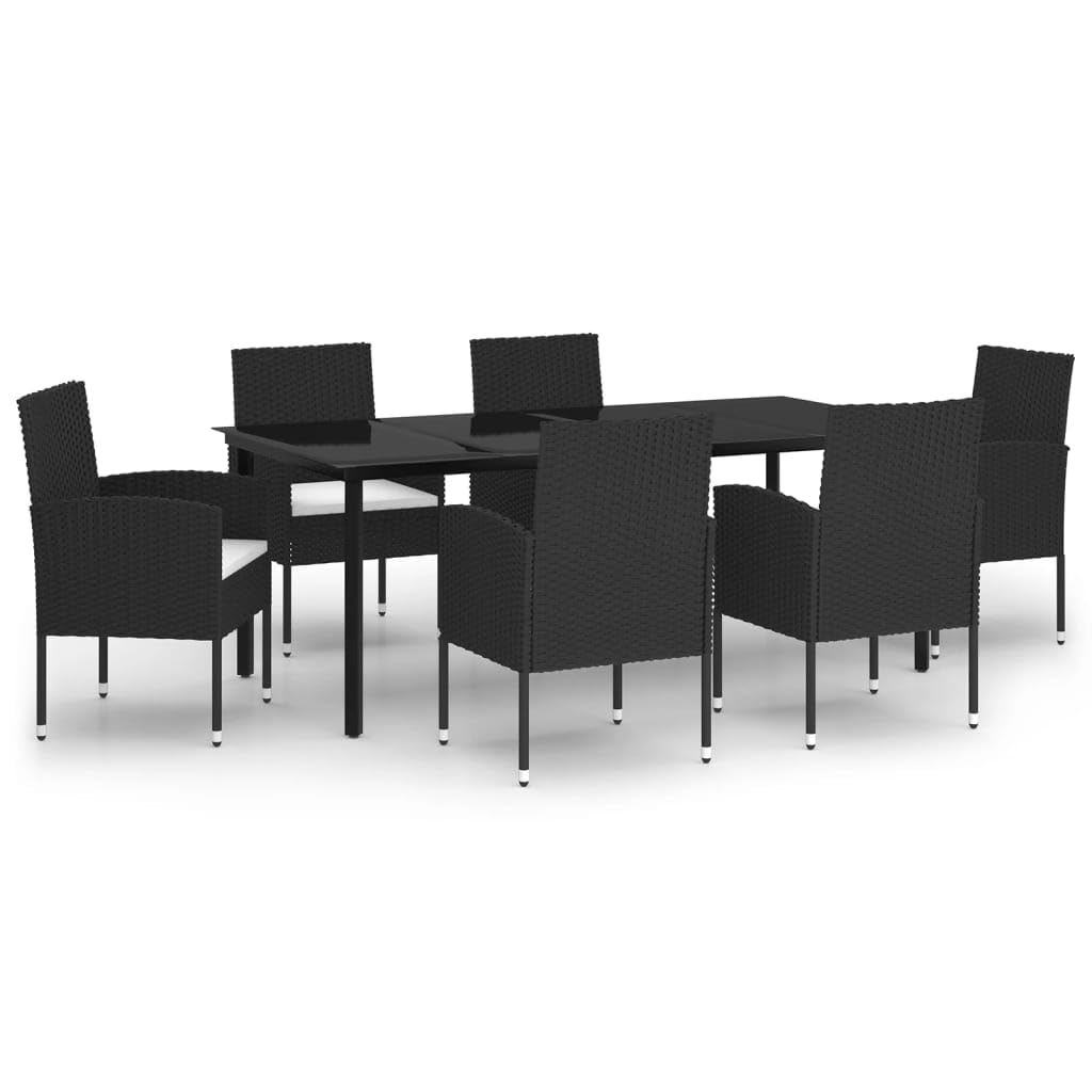 vidaXL Patio Dining Set 7 Piece-Black Poly Rattan/Steel Frame/Glass Tabletop/Removable Cushions-Outdoor/Garden