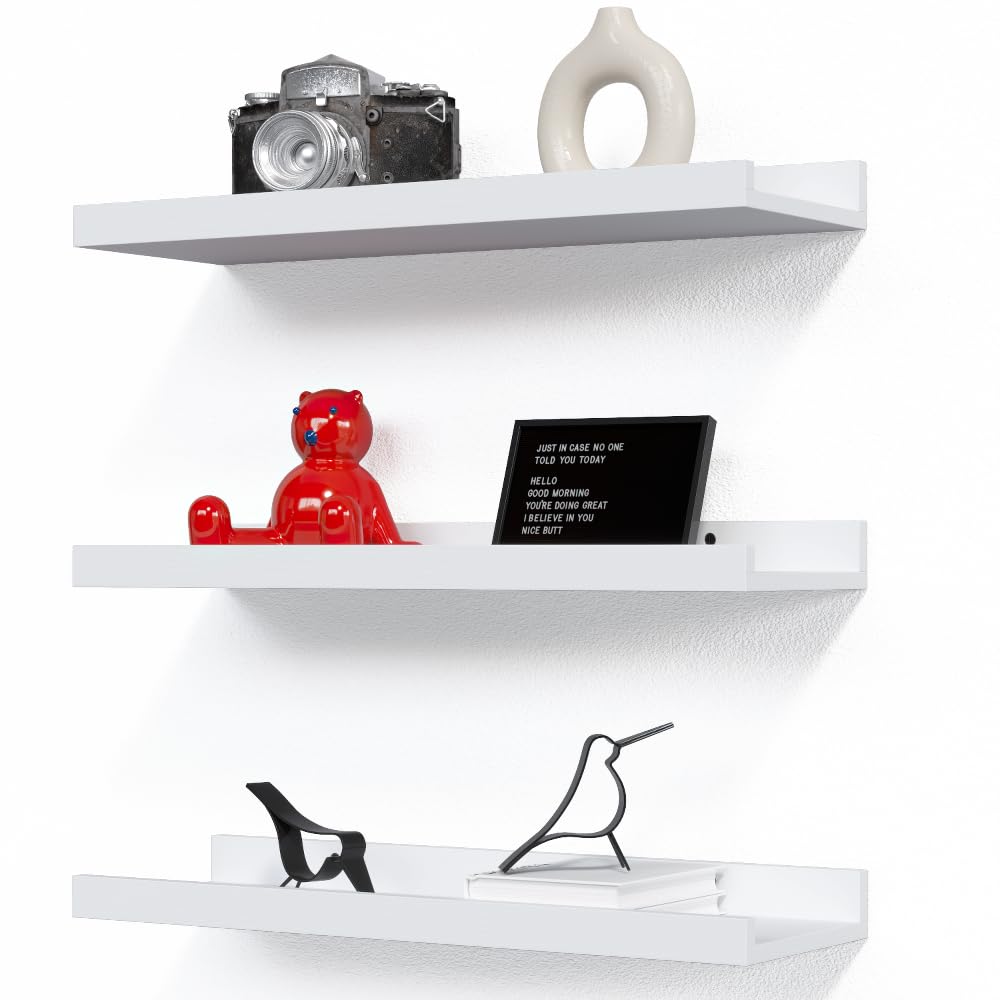 Richer House 3 Set White Floating Shelves, Wall Mounted White Shelves For Wall Decor, Picture Ledge Shelf With Lip For Wall Storage Nursery, Bedroom, Living Room, Bathroom - White