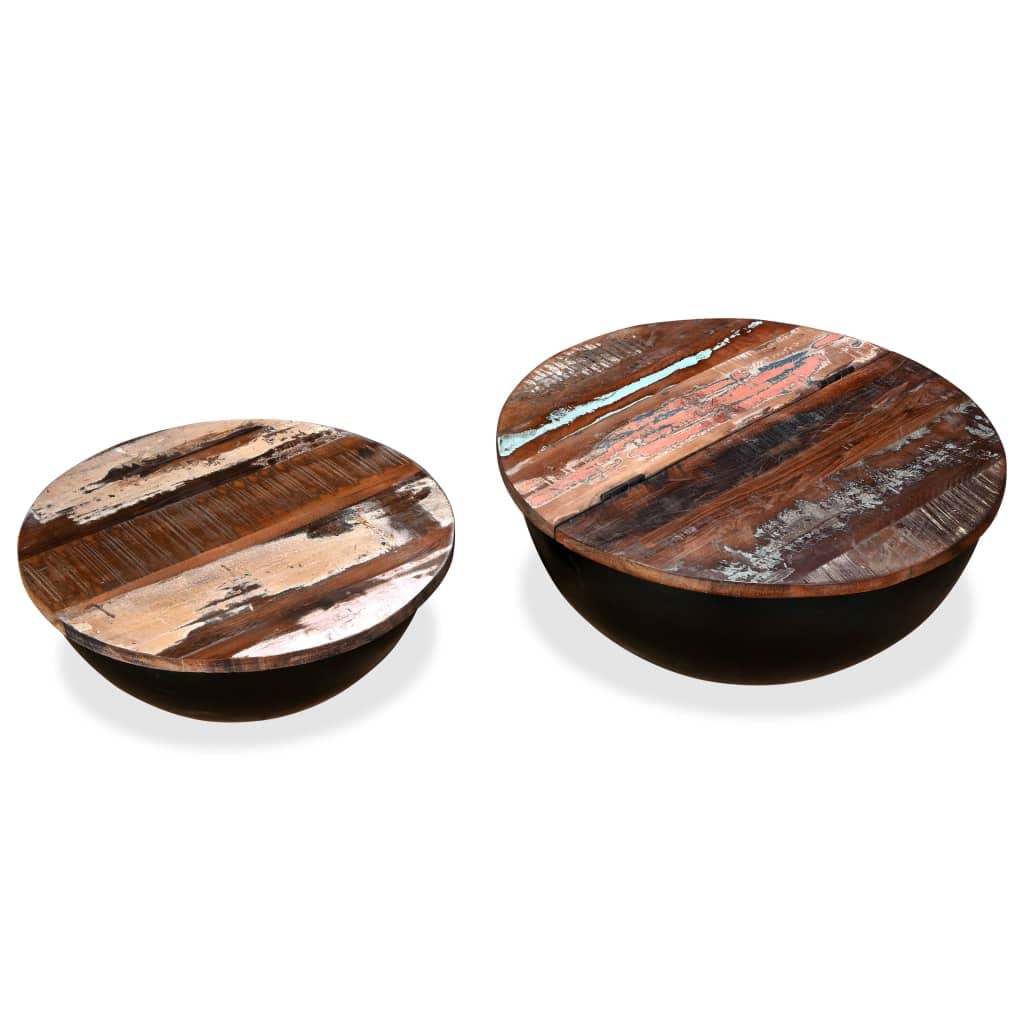 2 Piece Coffee Table Set Solid Reclaimed Wood Black Bowl Shape