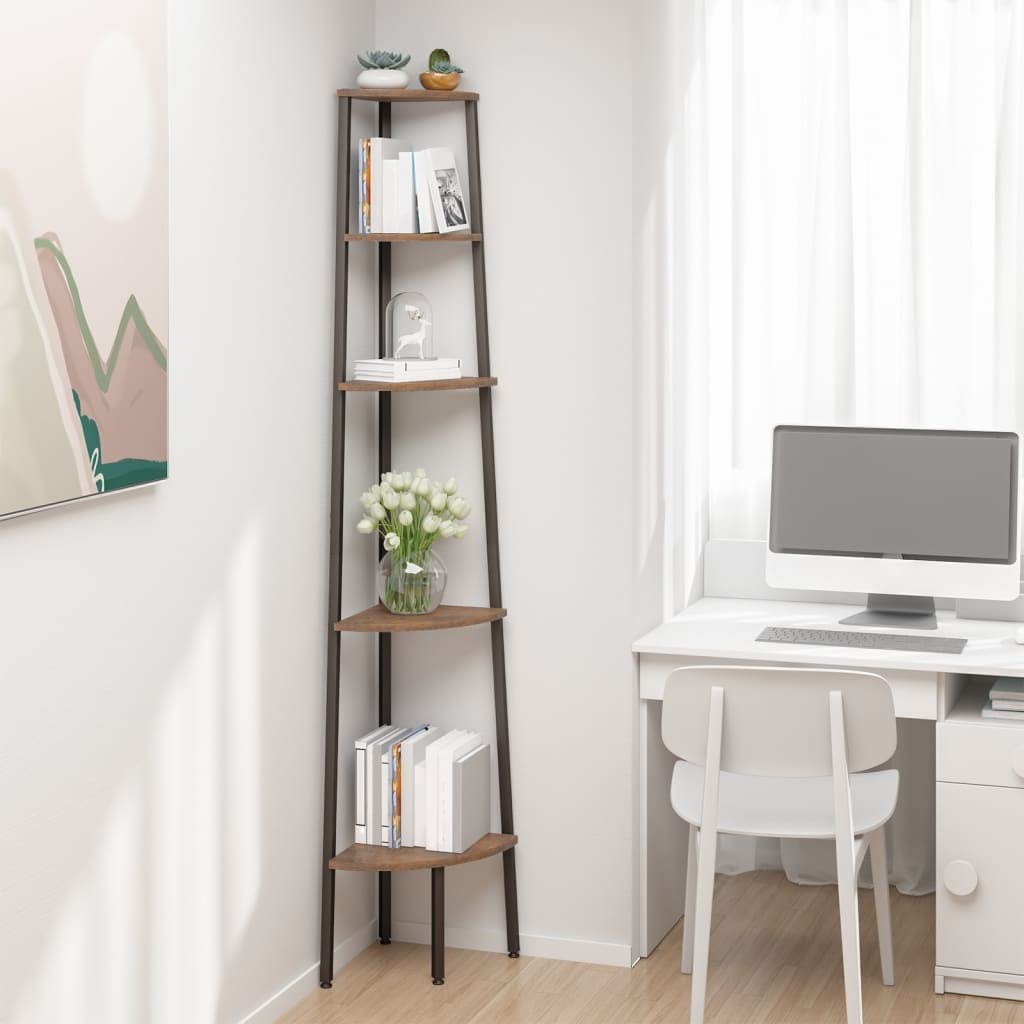 vidaXL Dark Brown and Black 5-Tier Corner Shelf: Compact Steel-Constructed Freestanding Shelf Perfect for Homes and Offices?