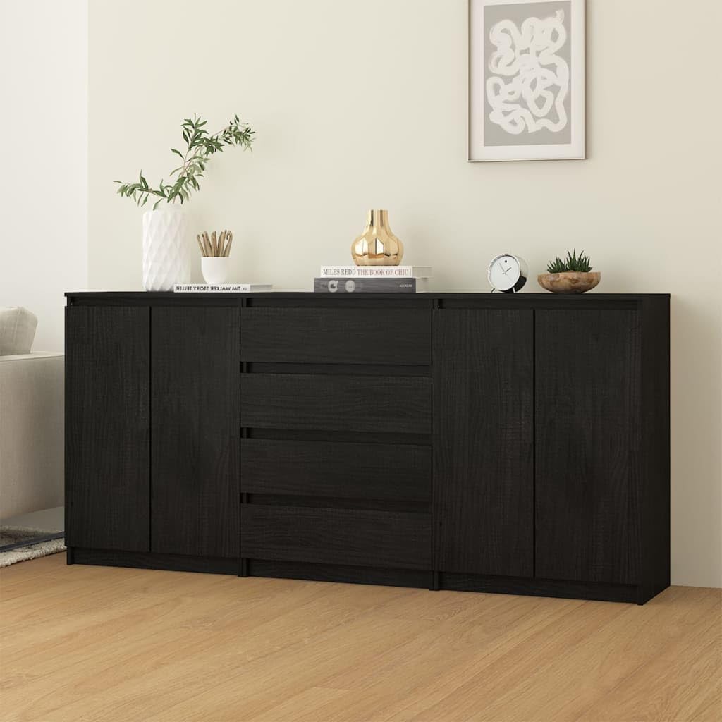 vidaXL 3X Solid Pinewood Side Cabinets Home Indoor Living Room Bedroom Office Bedside Buffet Storage Sideboard Cabinet Nightstand Furniture Black