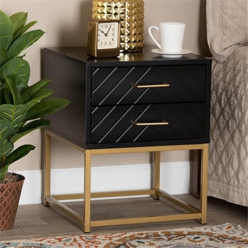 Baxton Studio Inaya Contemporary Glam and Luxe Black Finished Wood and Gold Metal 2-Drawer End Table Black/Wood